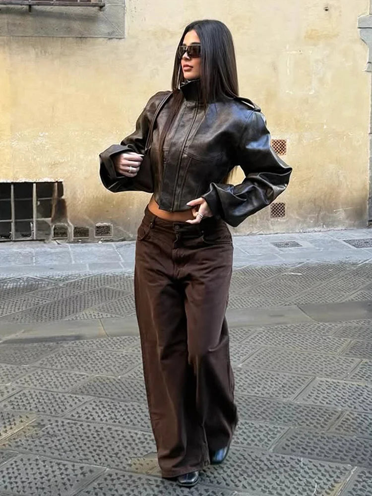 Street Women's Cropped Leather Jacket Slim Stand Collar Long Sleeve Zipper Irregular Hem Coat 2026 Autumn Lady Chic Otwear