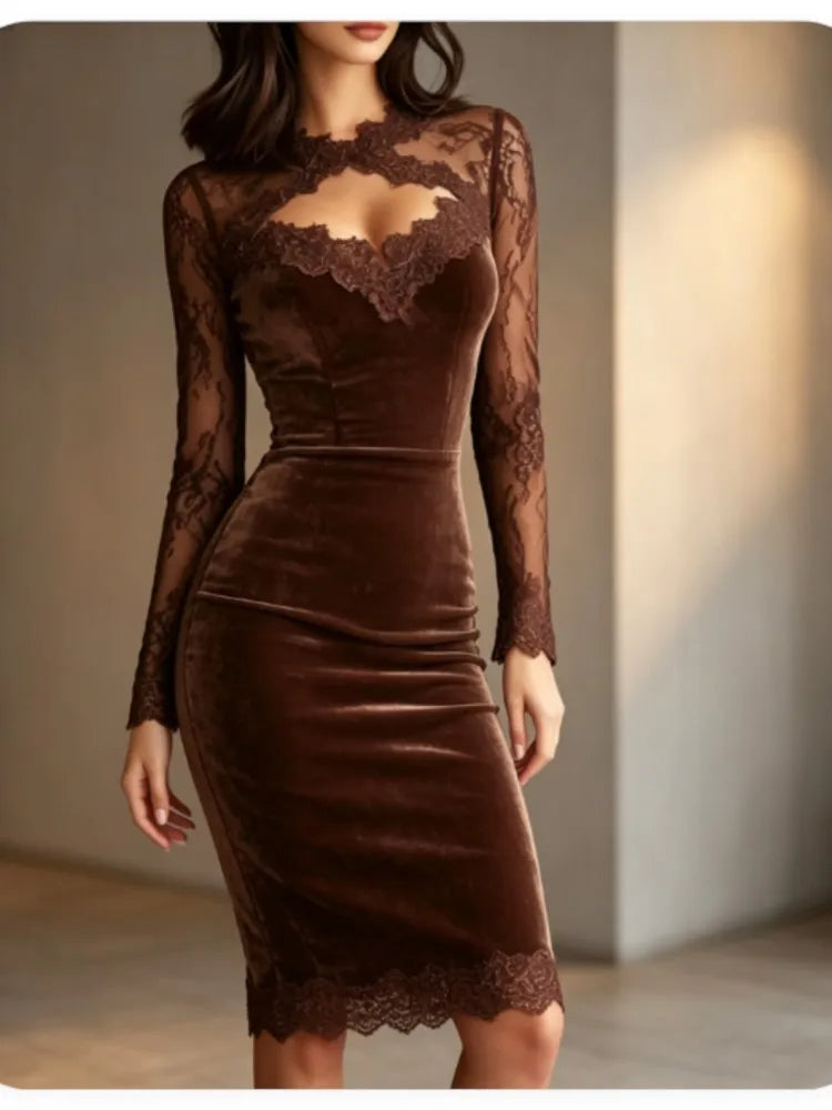 Women Velvet Midi Dress Elegant Lace Long Sleeve Hollow Out Bodycon Dress Autumn Winter New Party Evening Formal Pencil Dresses