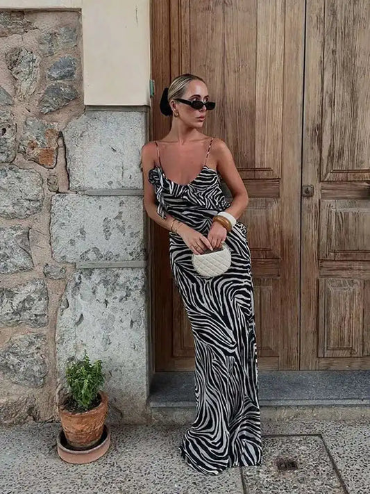 Fashion Print Backless Women Long Dress Elegant Sleeveless Spaghetti Strap Bodycon Dresses Female Evening Party Beach Robe