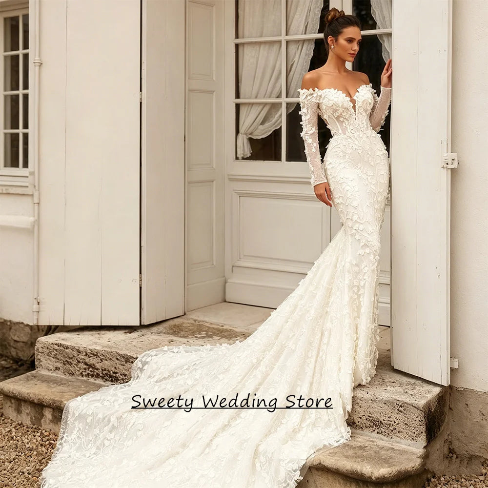 Luxury Lace Mermaid Wedding Dress Customized V Neck Long Sleeves Court Train Woman Bride Bridal Gown Illusion Back