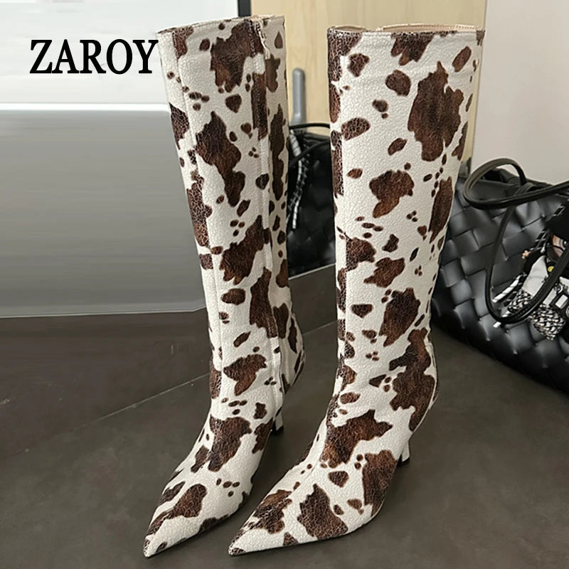 ZAROY Stiletto Heel Knee High Boots Brand Designer Brown Cow Print Pointed Toe Zipper Runway Banquet Dress High Botas сапоги