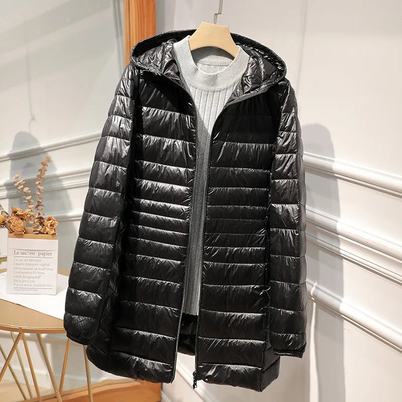 Female Long Warm Down Coat with Portable Storage Bag Women Light Down Jacket Ladies Overcoats Hip-Length High Street