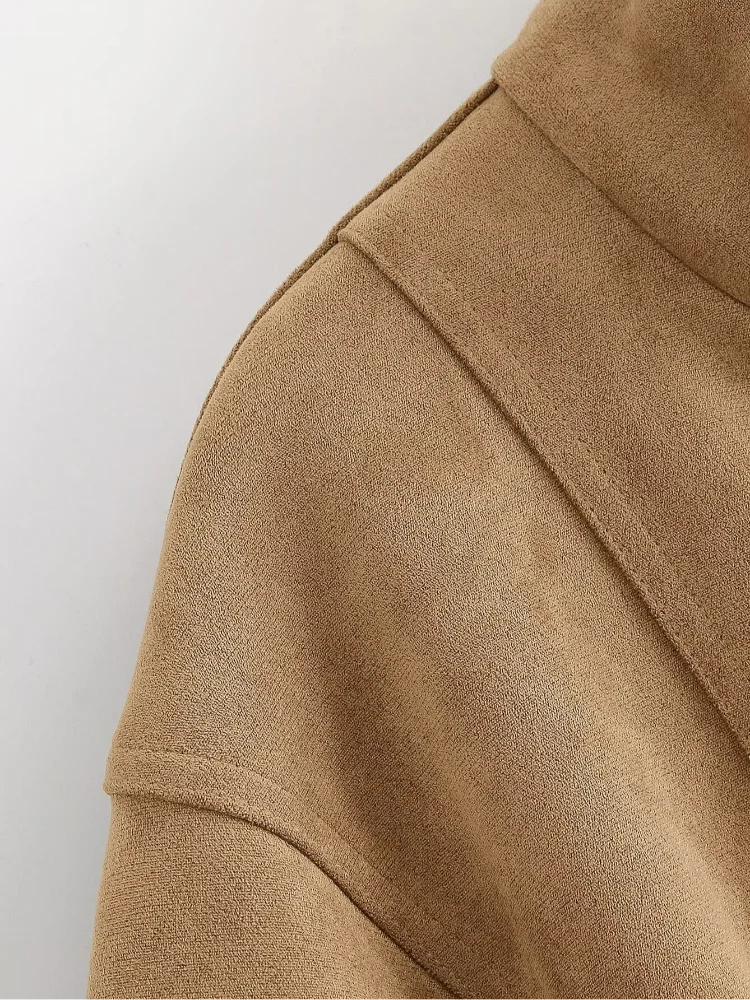 Women Brown Faux Suede Short Jacket Tie‑waist Long Sleeve Vintage Streetwear 2026 Lady New Autumn Winter Casual Outerwear Coat