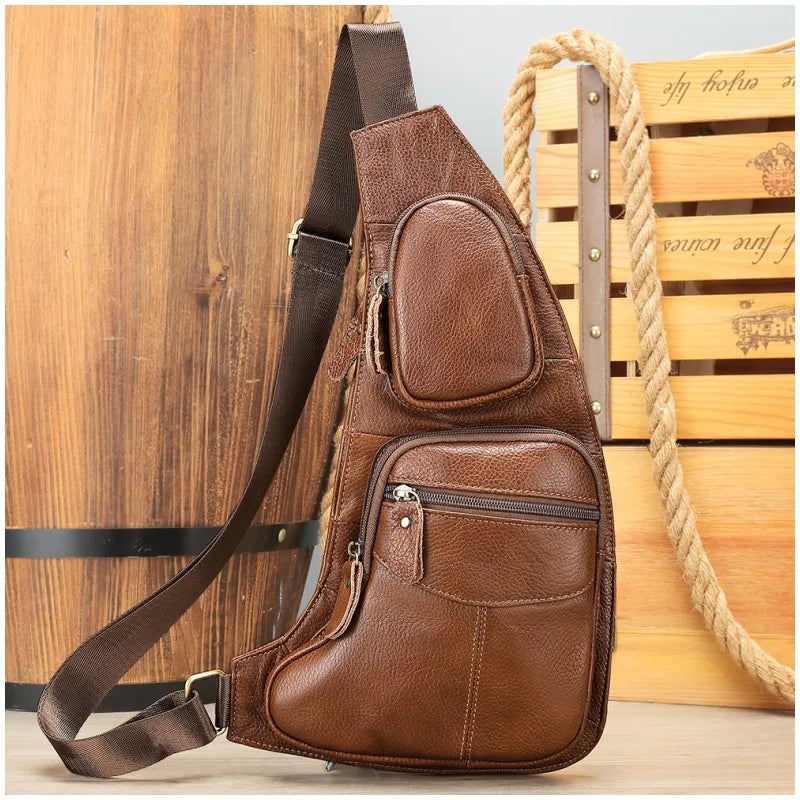 Men Genuine Leather Sling Cross Body High Quality Chest Bag Multi-Pockets Casual Male Cowhide Shoulder Bag Backpack Rucksack