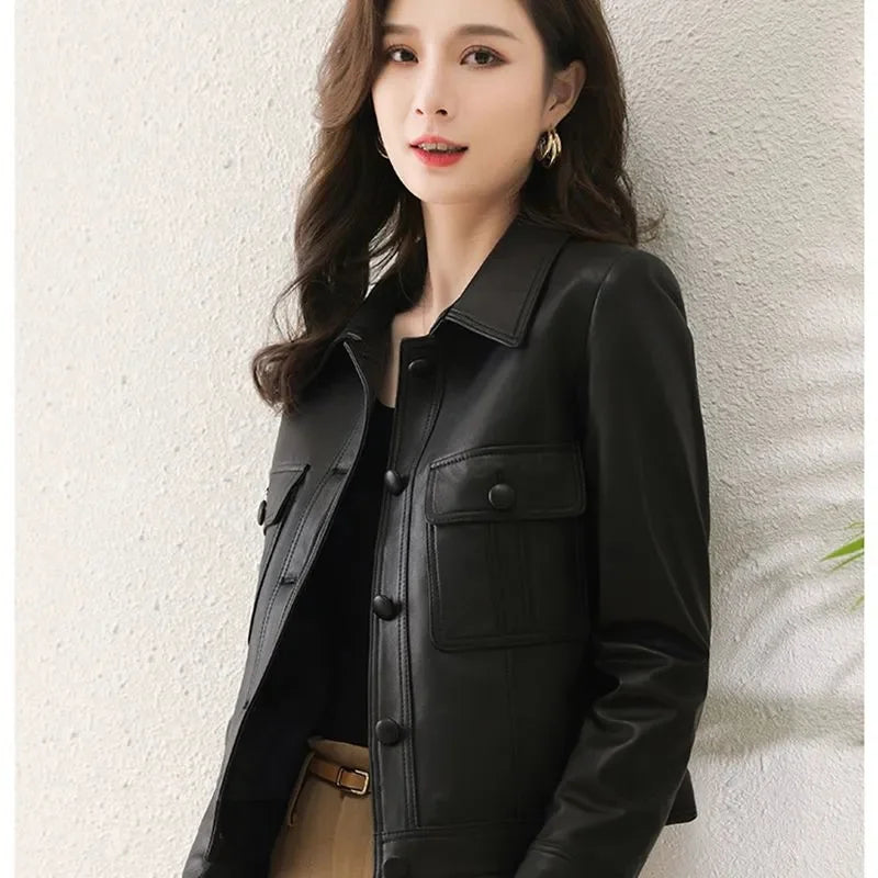 Lapel PU Leather Jacket Women 2026Spring Autumn New Coat Fashion Locomotive Goddess Overcoat High Quality Short Outerwear Female