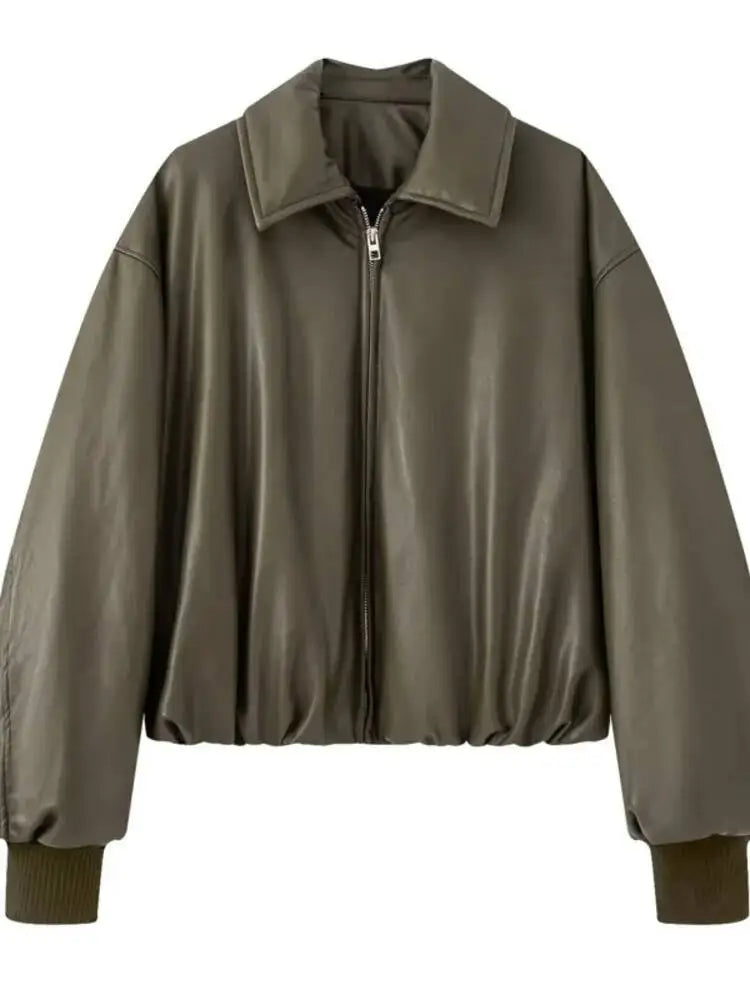 SHENGPALAE Women's Fashion 2026 Autumn Winter New Clothes Solid Color Leather Thicken Warm Female Short Cotton Jacket 5C1437