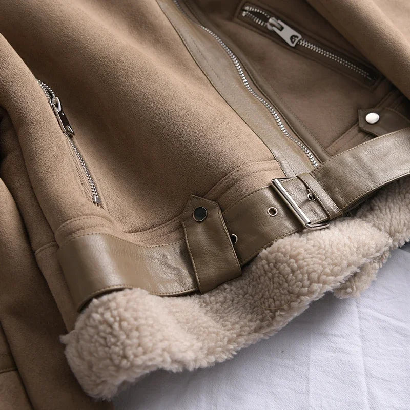 Winter Women Thick Warm Suede Lamb Jacket Short Motorcycle Brown Coats Faux Shearling Sheepskin Leather Jackets Outwear
