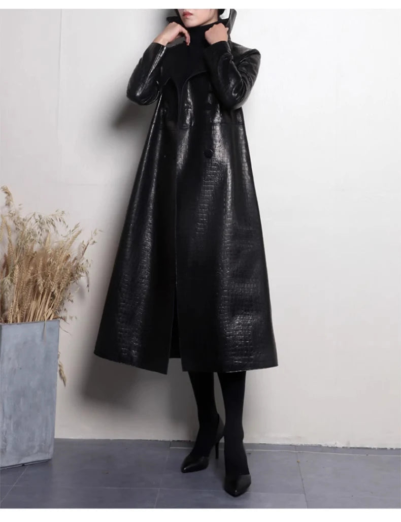 Lautaro Autumn Long Shiny Reflective Patent Faux Leather Trench Coat for Women Belt Double Breasted Luxury Designer Clothes 2023