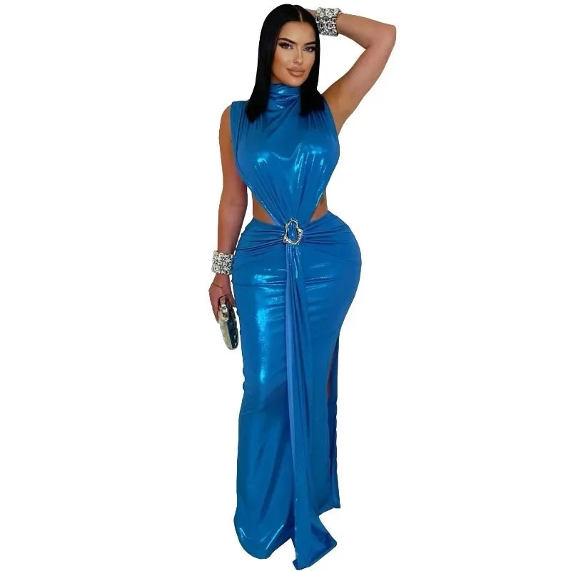 GUWU Women Gilding Sleeveless Cut Out Bodycon Midi Maxi Long Dress 2025 Summer Beach Vacation Sexy Party Birthday Dresses