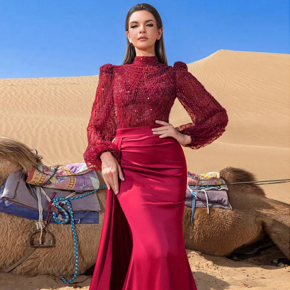 Elegant Muslim Wedding Evening Dress for Women with Detachable Skirt 2026 Pearls Mermaid Formal Prom Party Gowns Customized