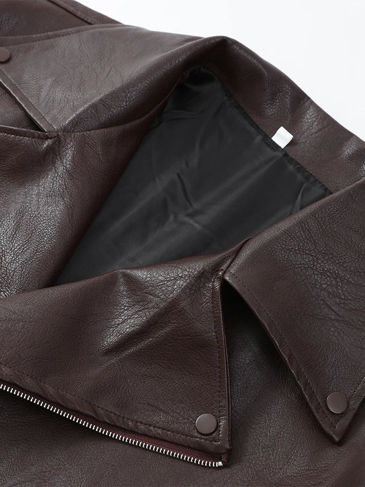 Women Chic Brown Leather Jacket With Belt Chic Full Sleeve Laple Zipper Short Coats 2026 Autumn New Ladies Street Biker Jackets