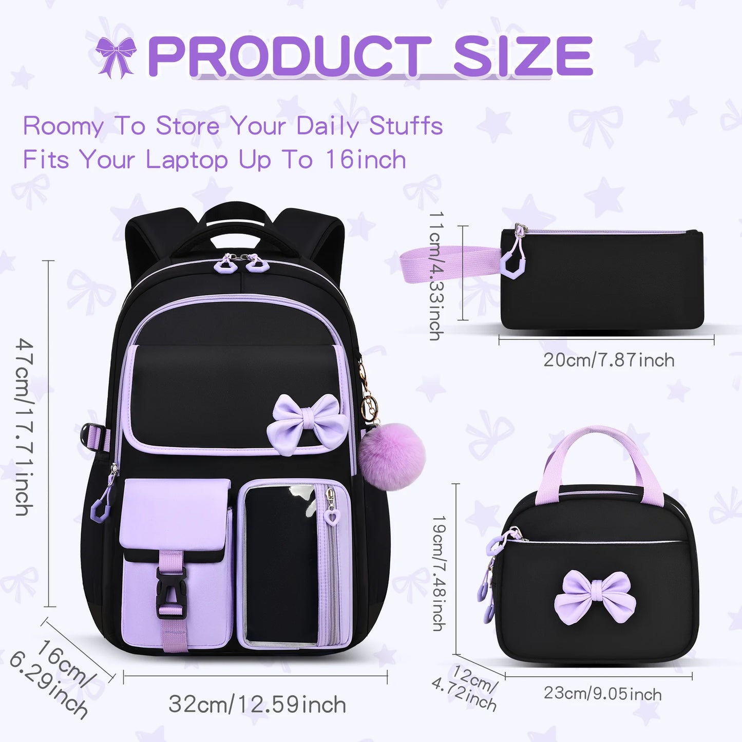 Three-piece Purple School Bag Set Casual with Pen Bag Students Schoolbag Durable with Lunch Bag Large Capacity bow Backpack book