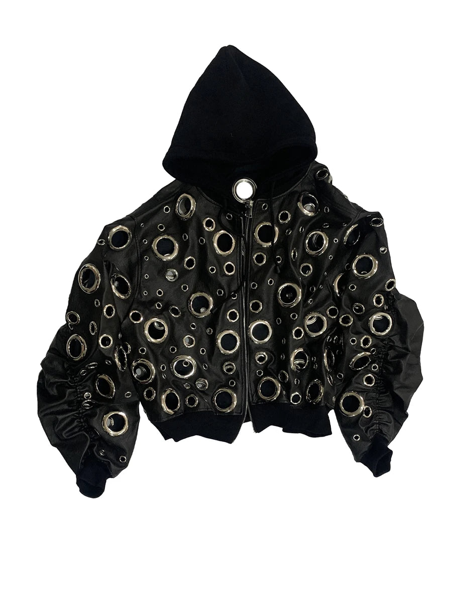 Nerazzurri Autumn Oversized Hollow Out Gold Pu Leather Jacket Men with Hood Hole Luxury Fake 2 Pieces Emo Menswear Clothing 2025