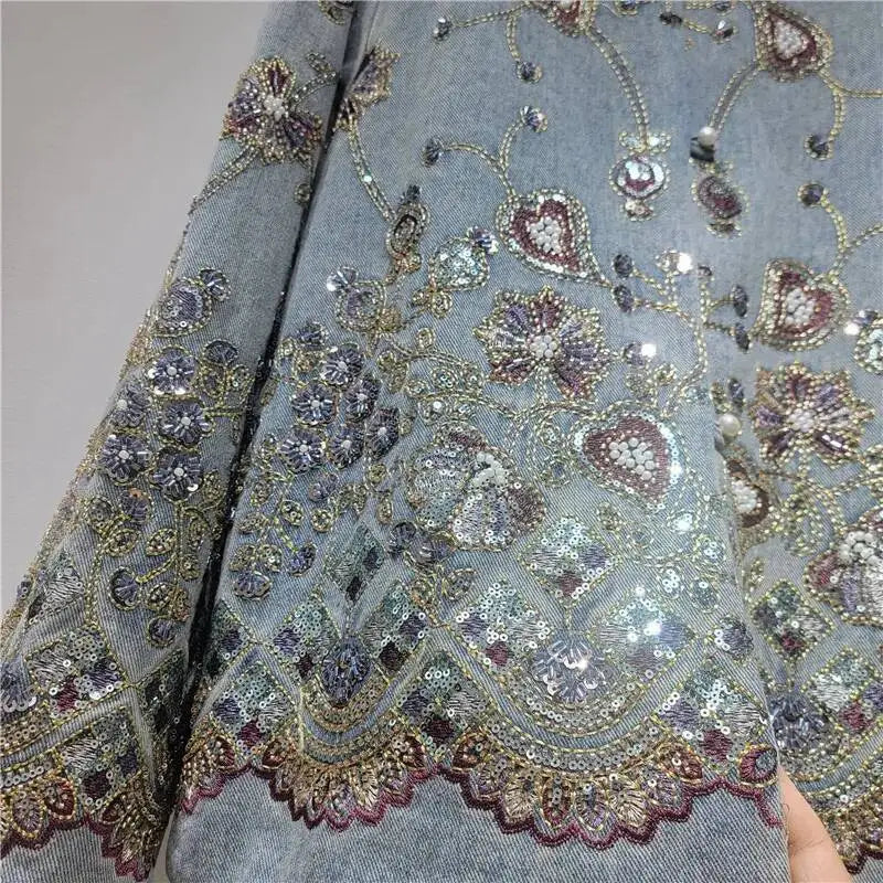 DEAT Women's Denim Coat Luxury Colorful Sequins O-neck Embroidery Single Breasted Jackets 2026 Autumn New Fashion 29A8728