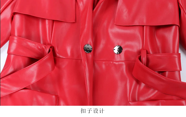 Nerazzurri Spring Autumn Long Red Soft Pu Leather Trench Coat for Women Pockets Sashes Luxury Elegant Chic Stylish Overcoat 2023