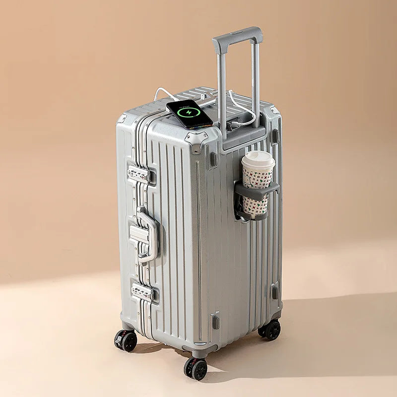 Five-wheeled Luggage 34 inch Thicken Aluminum Frame Suitcase USB Cup Holder Large Capacity TSA Lock Trolley Case Brake Wheel 24"