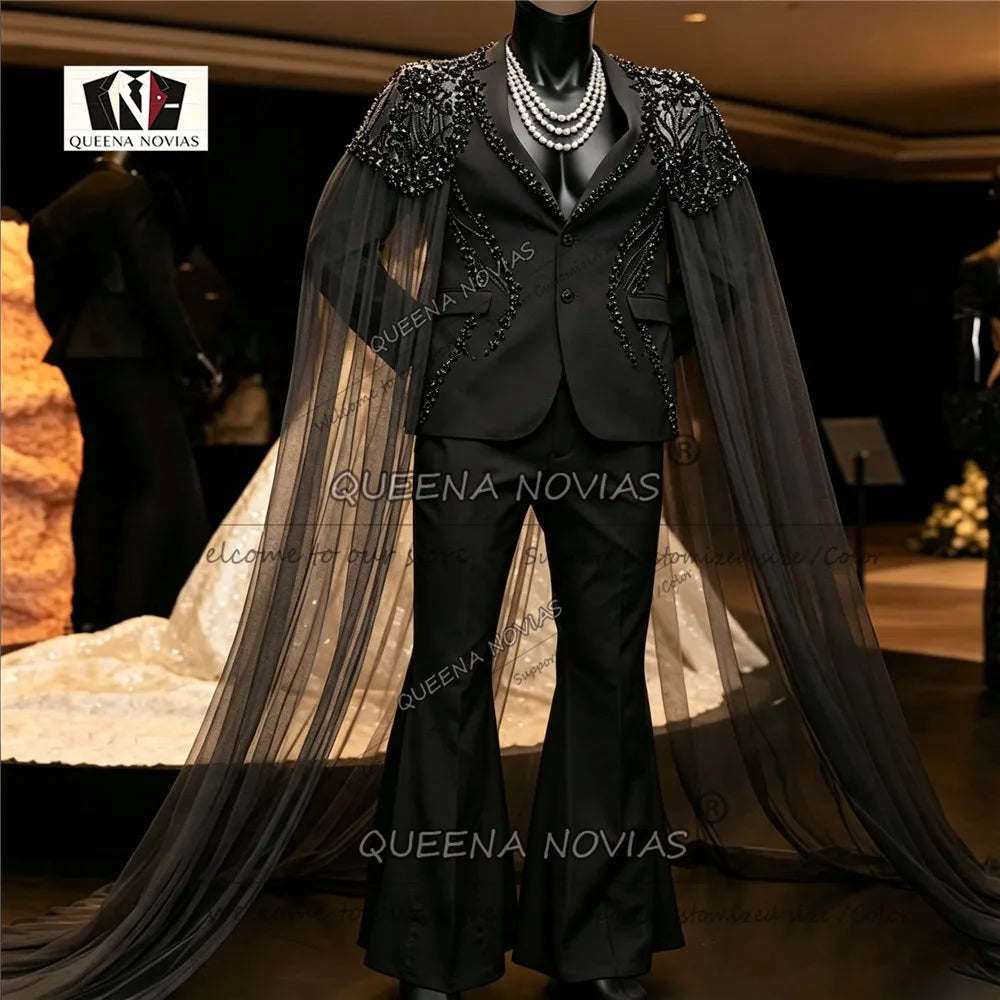 Elegant Wedding Suits For Man Black Beaded Stone Jacket With Tulle Cape Long Customized Groom Tuxedo Slim Fit 2 Piece Sets Dress