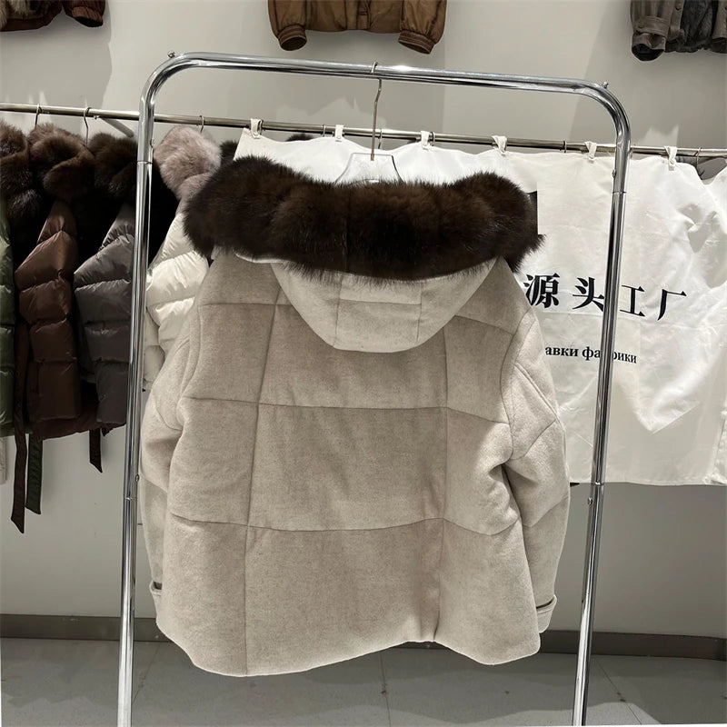 2026 Winter New Luxury Wool Down Jacket with Detachable Fox Fur Collar, High-Quality Short Thickened Warm and Stylish Outerwear