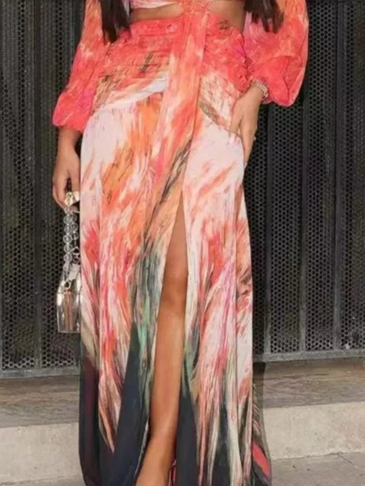 Women's Dress 2025 Fashion Summer New Vestidos Para Mujer Women's Vacation Elegant Style Long Sleeve Split Printed Slit Dresses