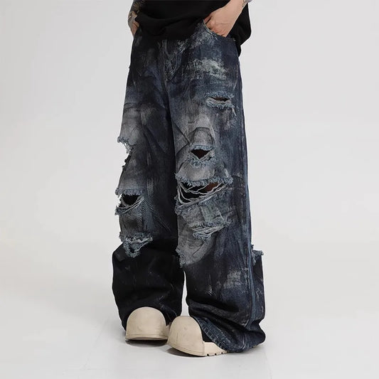 American High Street Spray Ripped Wide Leg Jeans Men Women Summer 2025 New Style Hip Hop Casual Wear Resistant Cotton Stretch...