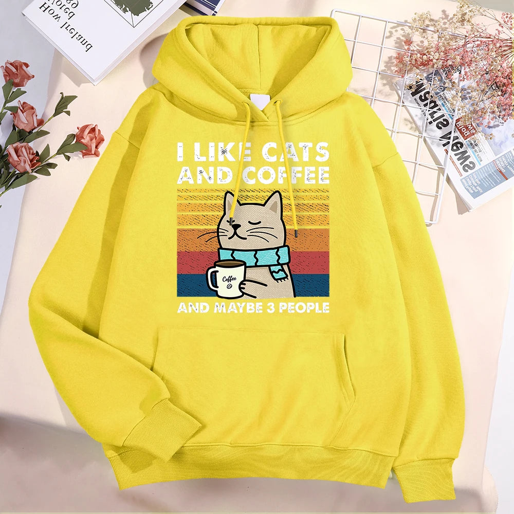I Like Cats And Coffee Hoodies For Men Women Fashion Crewneck Clothes Loose Fleece New Hoodies Street Pullover Man Sweatshirt
