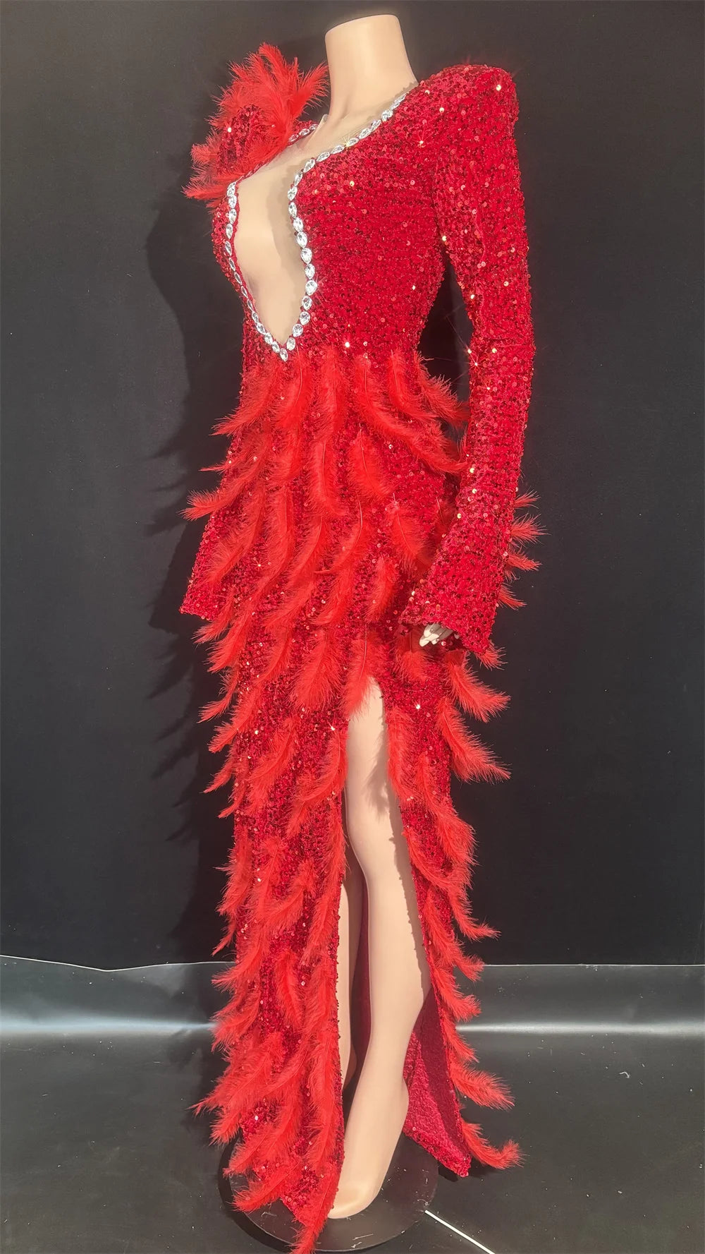 Sparkly Diamonds Feather Red High Slit Wedding Party Gown Luxury Evening Celebrate Performance Singer Costume Festival Dresses