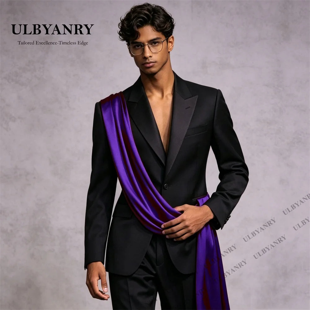 ULBYANRY Customized Satin Ribbon  Men's Black Suit Set, Jacket Pants Formal Events Suit, XXS-7XL Plus Size Tall Big Man Suits