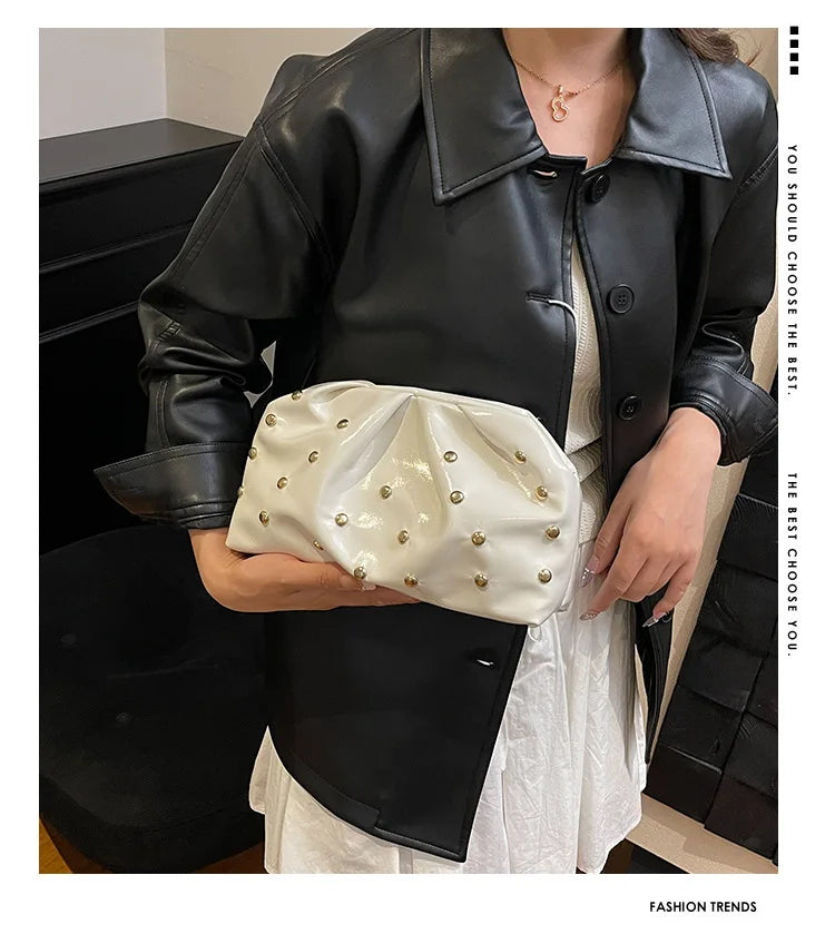 Simple Versatile Clip Evening Handbags for Women Solid Color Rivet Pleated Design Ladies Clutch Female Soft Pu Leather Purse