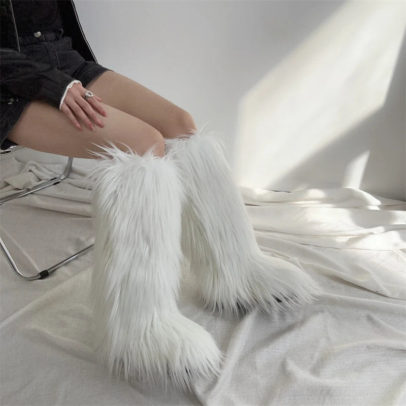 Hot Sale Ins Fashion Long Women Furry Boots Winter Knee Length Keep Warm Ladies Snow Boots