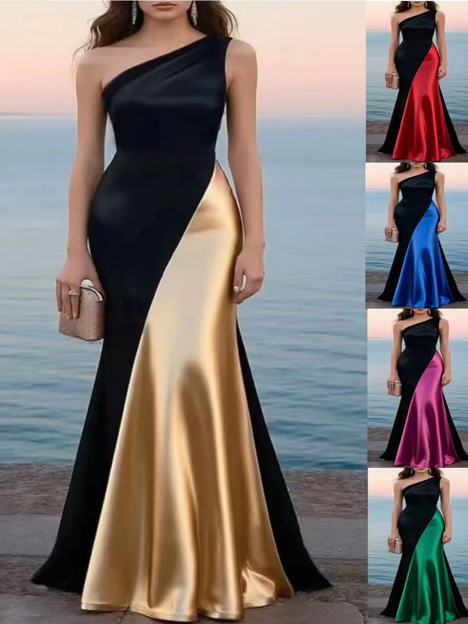 Women Luxury Satin One Shoulder Long Dress Black Red Patchwork Bodycon Mermaid Gown for Birthday Cocktail Wedding Guest Evening