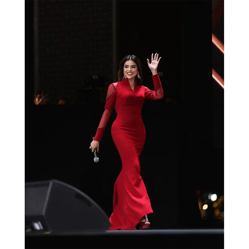 Red Evening Dresses for Women V-Neck Mermaid 2026 Evening Gowns Long Sleeves Floor Length Buttons Jersey Prom Gown Customized