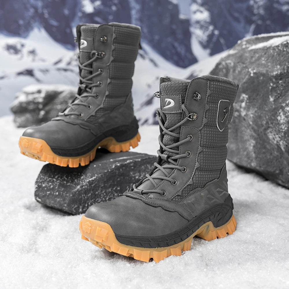 Men's Winter Snow Boots Waterproof Insulated Hiking Boots High-Top Outdoor Shoes with Warm Knit Collar, Anti-Slip Rubber Sole, C