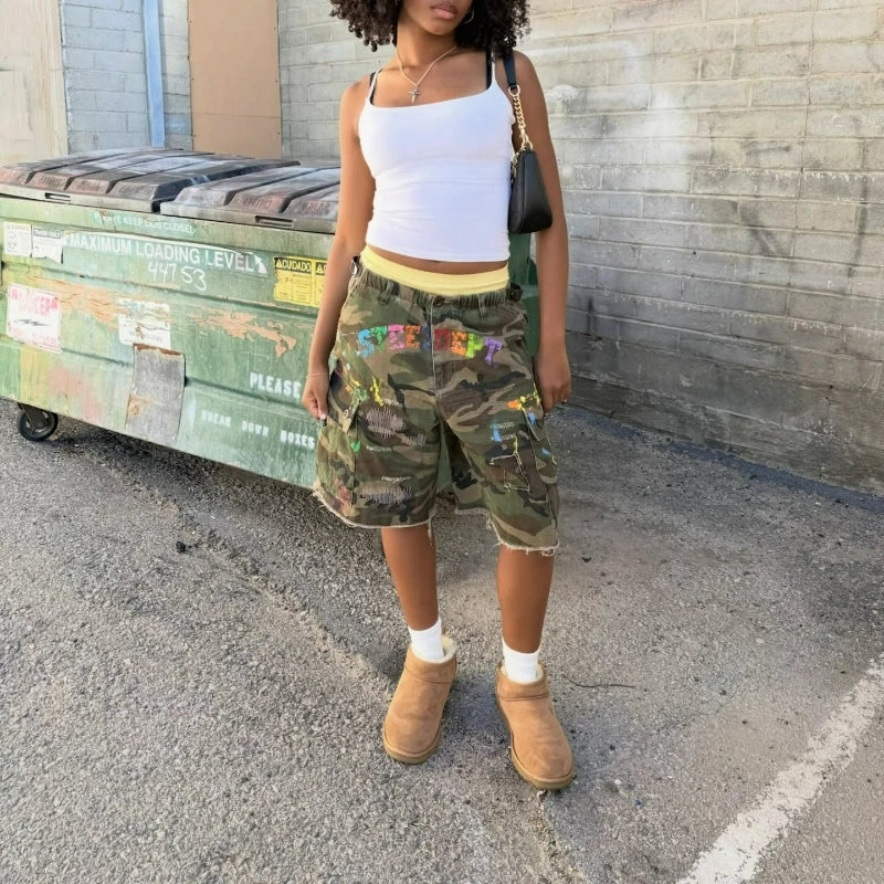 Y2k Camo Cargo Shorts Retro Graffiti Patched Hole Men Women Shorts American Hip Hop Trendy Streetwear Unisex Casual Baggy Shorts