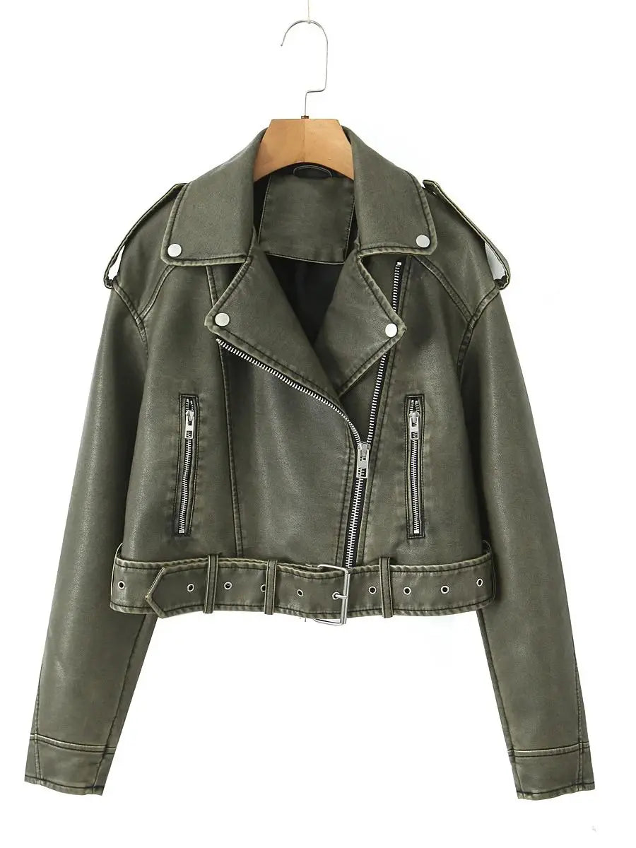 Women Autumn Winter Loose Gray PU Faux Leather Short Jackets Belt Female High Street Zipper Retro Moto Biker Coats Outwear XS-XL