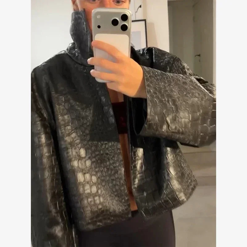 Women Cropped Faux Croc Leather Jacket Loose Solid Fashion Stand Collar Outerwear 2026 Autumn Street Winter Casual Party Coats