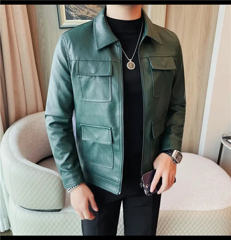Autumn Winter High Quality Faux Leather Jacket Fashion Multi Pocket Design PU Leather Coats Man Vintage Business Slim Fit Coats
