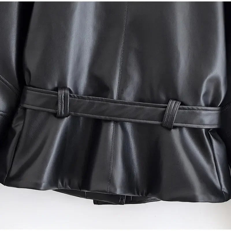Black Belt Women's Leather Jacket Lapel Full Sleeve Zip-up Lace Up Waist Cinching Cropped Coats 2026 Autumn Street Lady Jackets