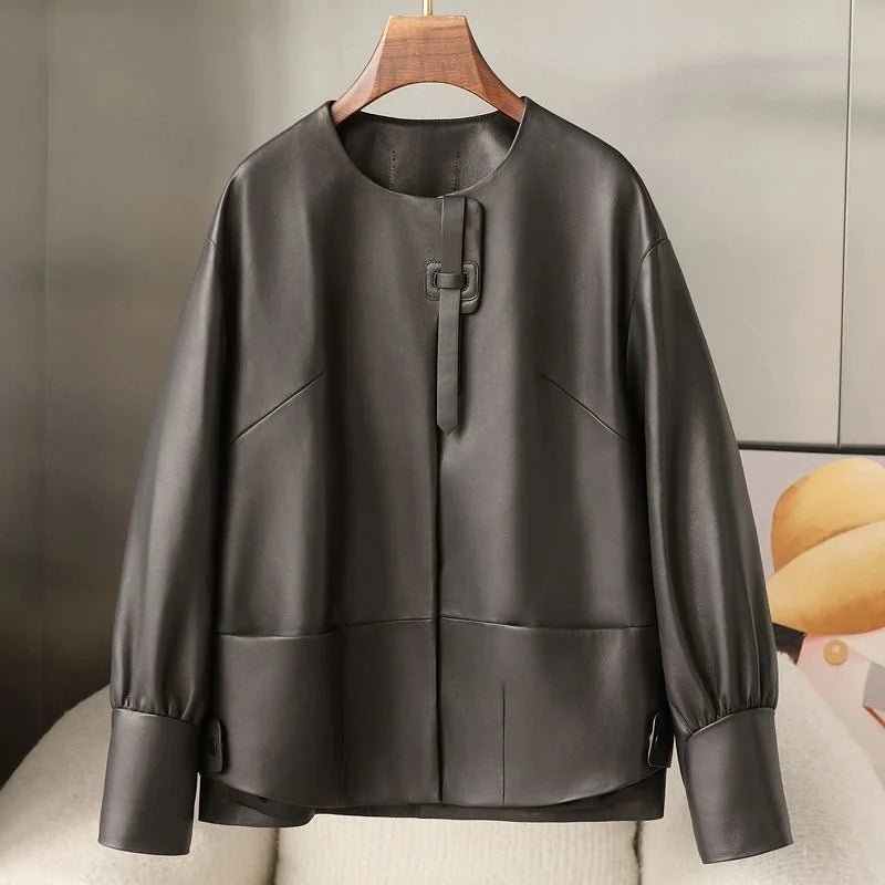 Orange Black Leather Jacket Spring Autumn Coat 2026 New Women's Leather Coat Round Neck Lantern Sleeves PU Leather Outerwear