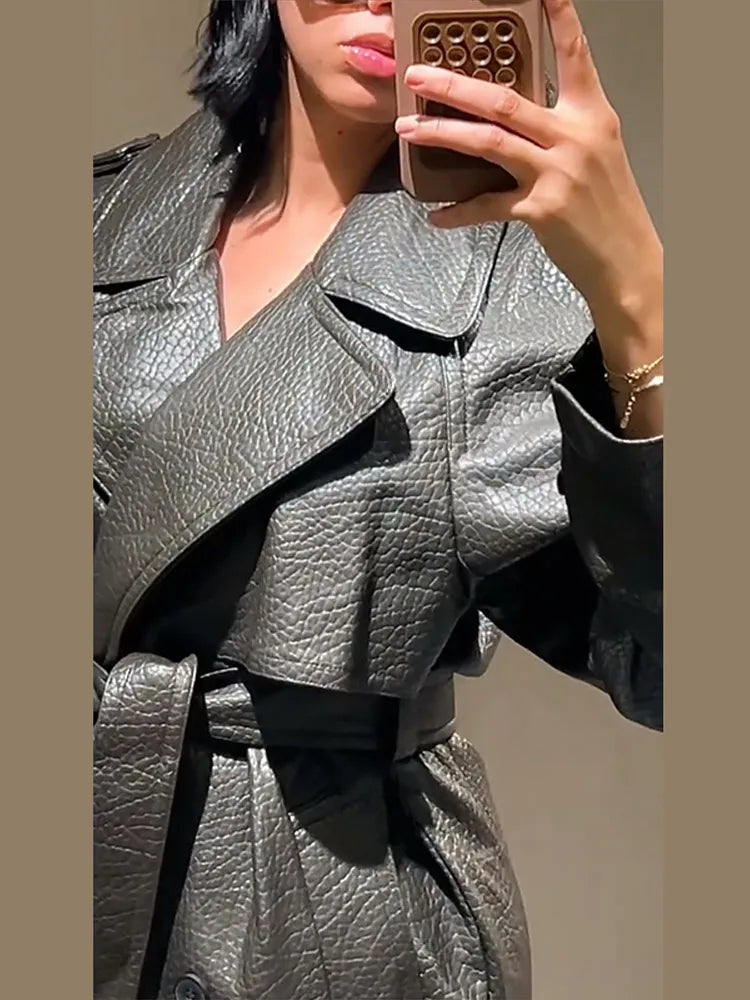 Double Breasted Lace up Long Leather Coat Woman Long Sleeves Loose Solid Color Casual Jackets Street Women's Early Autumn Coats
