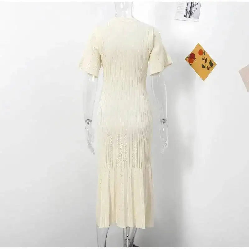 Elegant Knit Dress For Women White Slim O-neck Single Breasted Short Sleeve Long Dresses Female Spring Fashion Lady Robe T88X