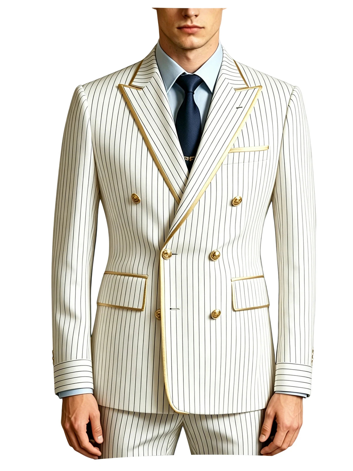 Men's Double Breasted Pinstripe Blazer Slim Fit Formal Business Suit Jacket Luxury Gold Trim  Tuxedo for Wedding Party Office