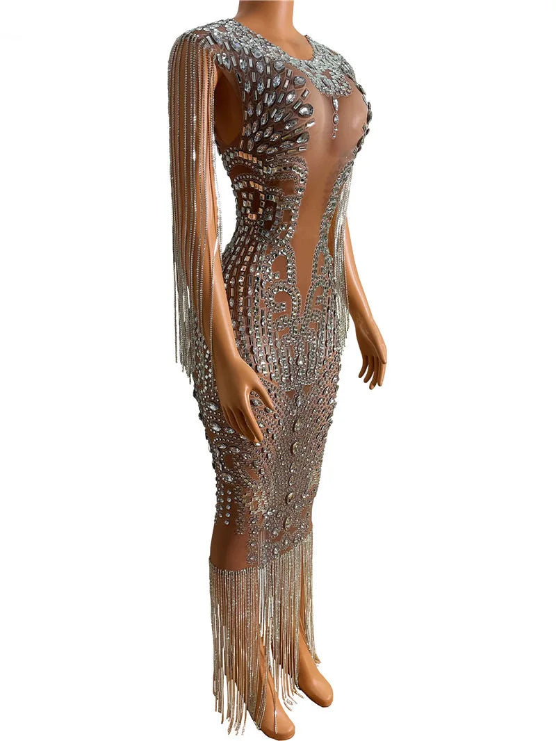 Transparent Long Diamond Dark Brown Party Dress Birthday Luxury Costume Fancy Brilliant Dancer Wedding Dress Impressive Dress