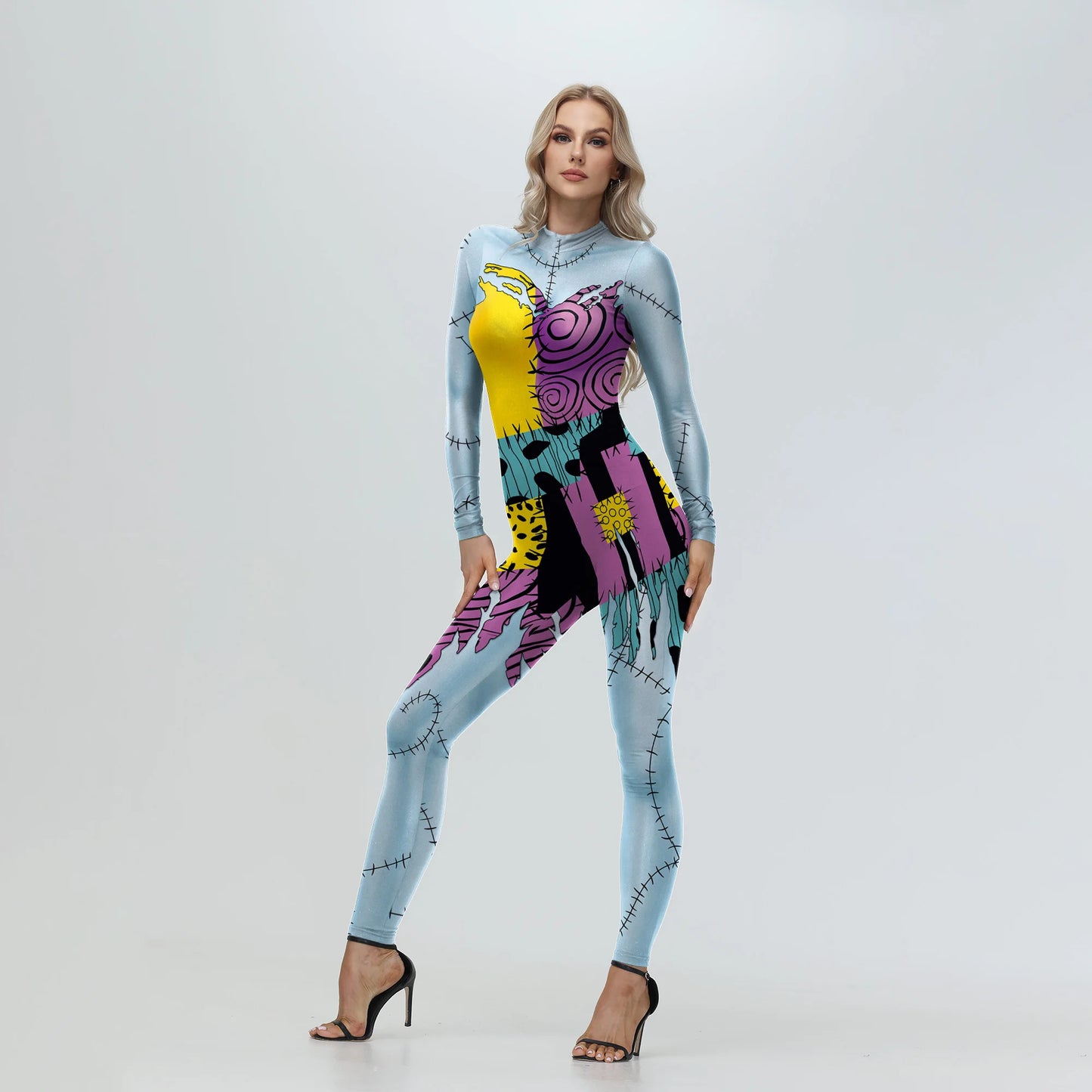 ZAWALAND Halloween Nightmare Sally Printed Cosplay Costume Girls Women Jumpsuit Christmas Cosplay Party Zenti Bodysuit Oufits