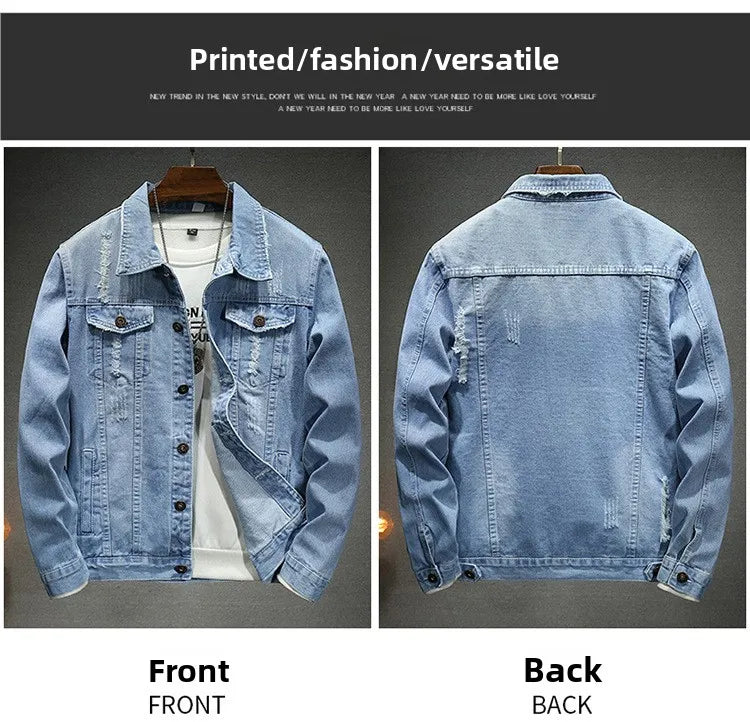QICHE New Spring Autumn Men Light Blue Slim Denim Jacket Distressed Ripped Casual Outerwear