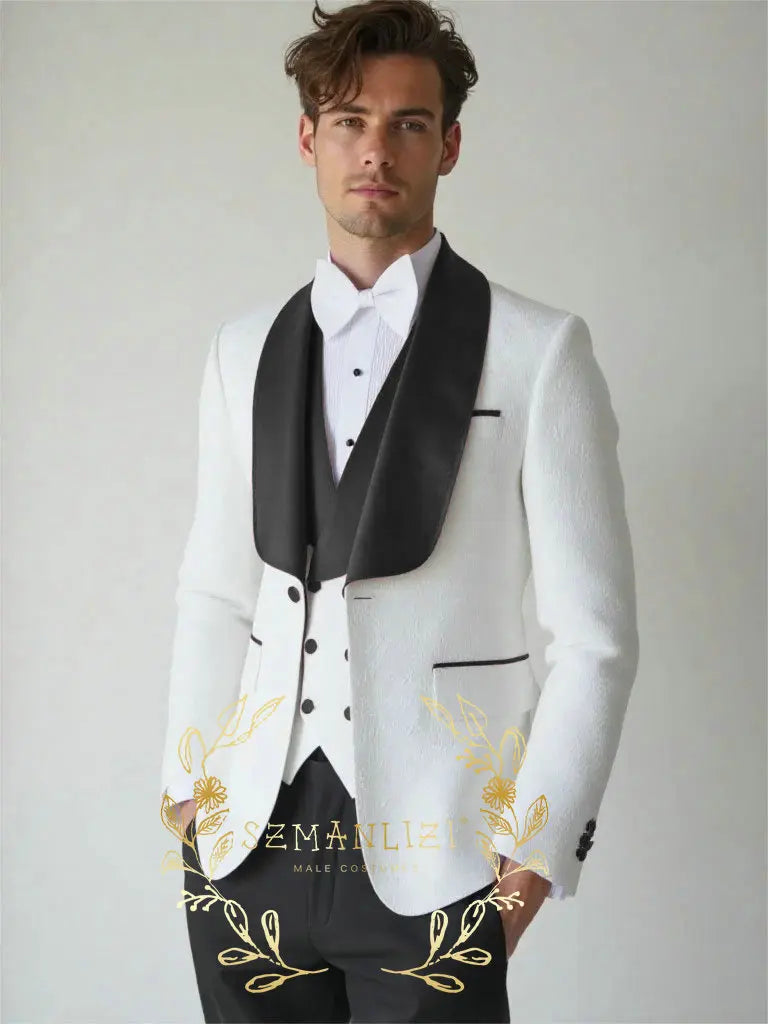 White Floral Wedding Men's 3-piece Suit Set (Jacket Pants Vest) Groom Tuxedo Formal Blazer Elegant Groomsmen Suit for Men