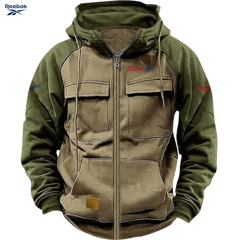 Reebok Men's Zippered Patched Warm Fleece Pullover for Autumn/Winter - Multiple Pockets - Stylish Hooded Jacket - Thick Outdoor