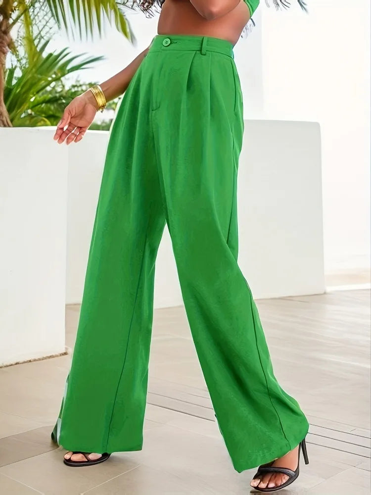 Beautyblue Trend Suit Pants for Women Green Wide Leg Pants Casual Loose Pleated Pocket Fashion Urban High Street Trousers Female