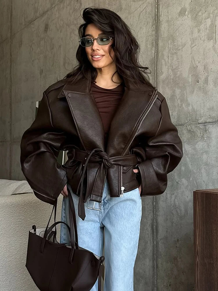 Women Chic Brown Leather Jacket With Belt Chic Full Sleeve Laple Zipper Short Coats 2026 Autumn New Ladies Street Biker Jackets
