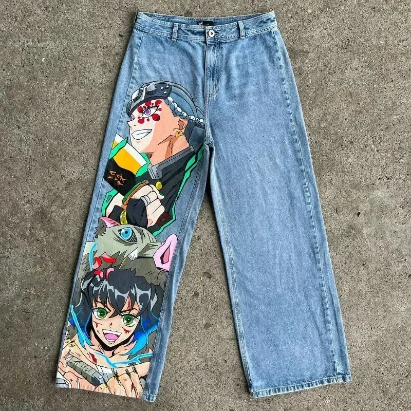 New Y2K Japanese Anime Cartoon Printing Men Loose Trend Jeans Street High Waist Women Pants Hip Hop Harajuku Men's Clothing
