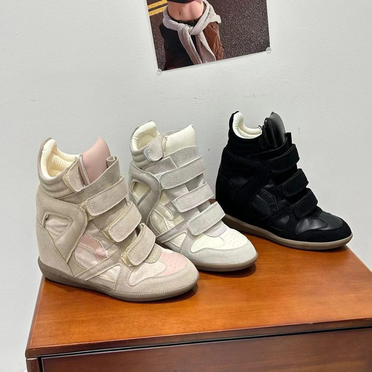 High Top Women's Sneakers New 2026 Autumn Winter Ankle Boots Thick Bottom Leather Casual Shoes Wedge Heels Hook&Loop Sport Shoes